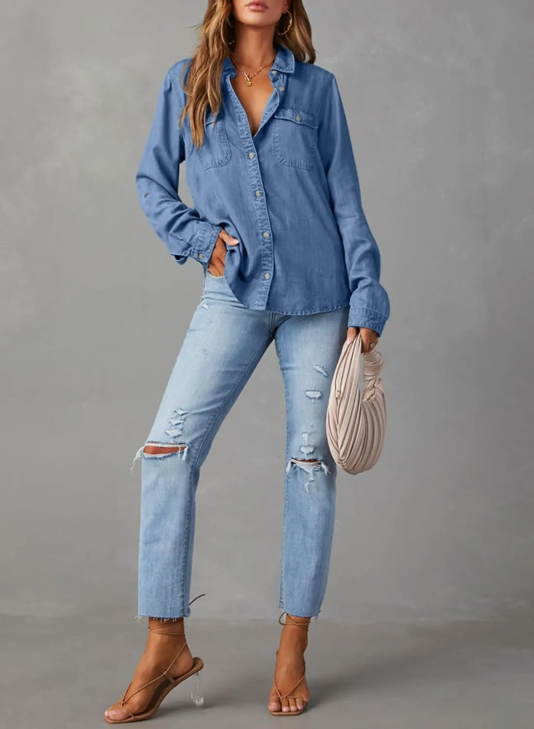 Astylish Women Button Down Denim Shirts Casual Long Sleeve V Neck Chambray Blouse Top