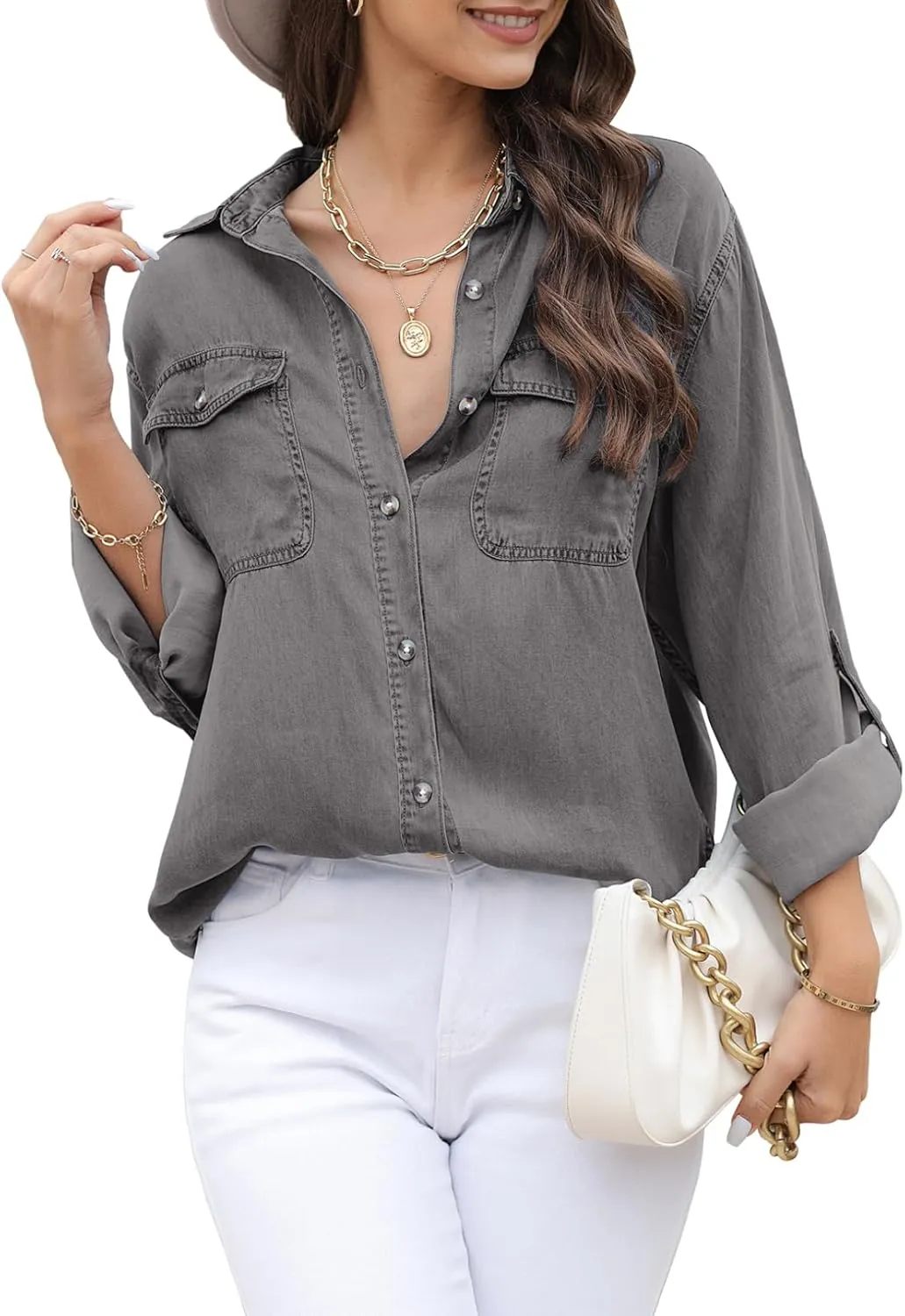 Astylish Women Button Down Denim Shirts Casual Long Sleeve V Neck Chambray Blouse Top