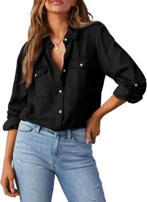 Astylish Women Button Down Denim Shirts Casual Long Sleeve V Neck Chambray Blouse Top