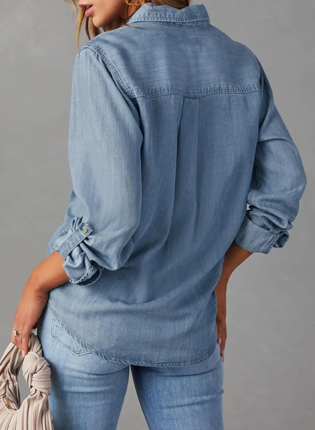 Astylish Women Button Down Denim Shirts Casual Long Sleeve V Neck Chambray Blouse Top