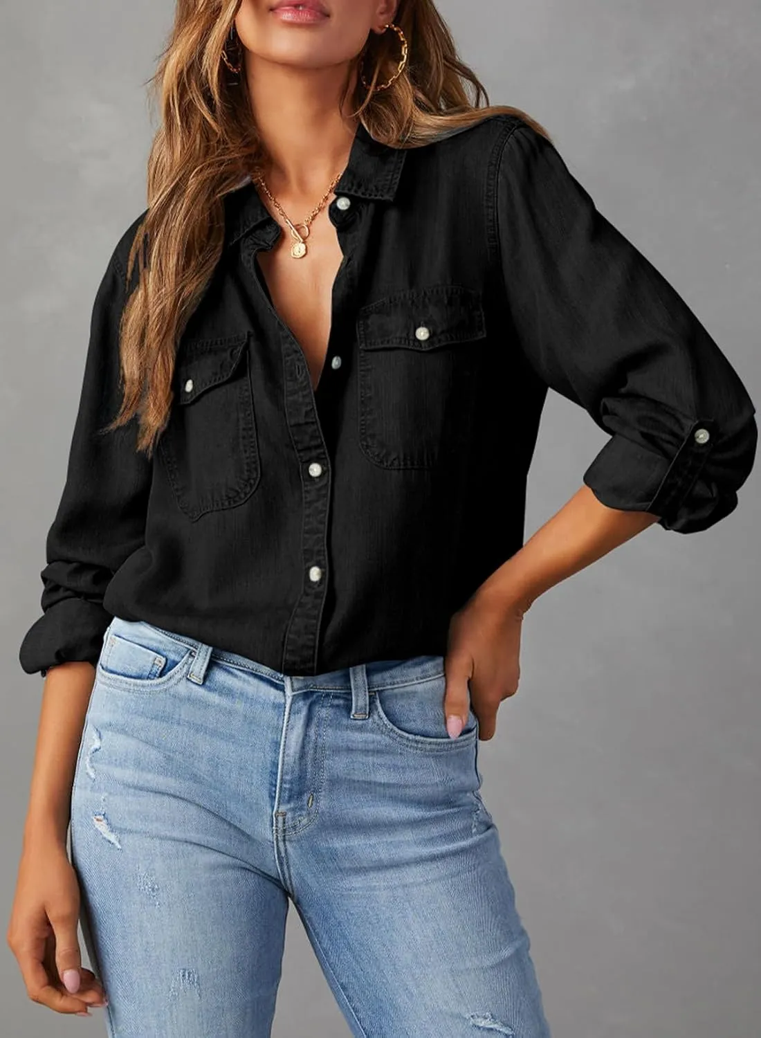 Astylish Women Button Down Denim Shirts Casual Long Sleeve V Neck Chambray Blouse Top