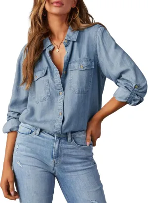 Astylish Women Button Down Denim Shirts Casual Long Sleeve V Neck Chambray Blouse Top