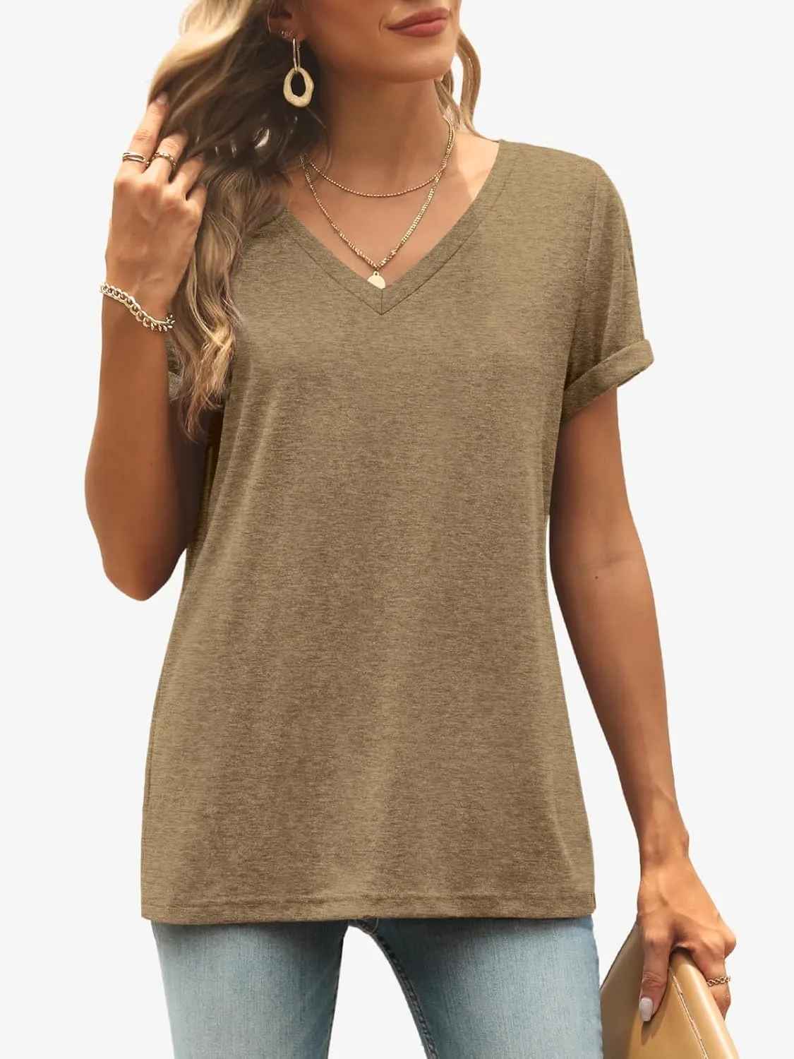 ATHMILE T Shirts Short Sleeve V Neck Tees for Women Fashion Tops Trendy Lightweight Casual Summer Outfits Clothes 2025 Beach