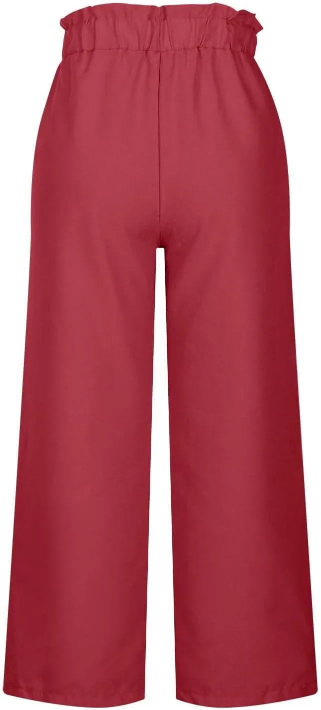 Baggy Flare Pants for Women Cotton Linen Palazzo Pants Drawstring High Waisted Yoga Pants Pockets Summer Comfort Color Pants