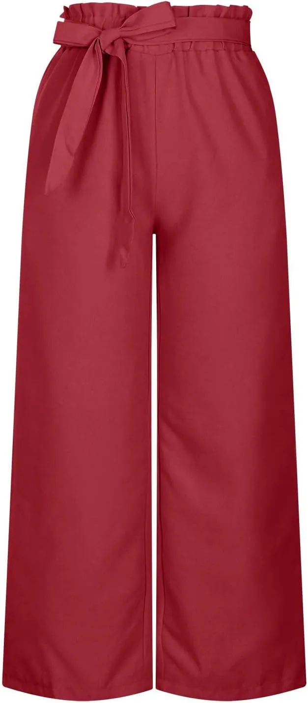Baggy Flare Pants for Women Cotton Linen Palazzo Pants Drawstring High Waisted Yoga Pants Pockets Summer Comfort Color Pants