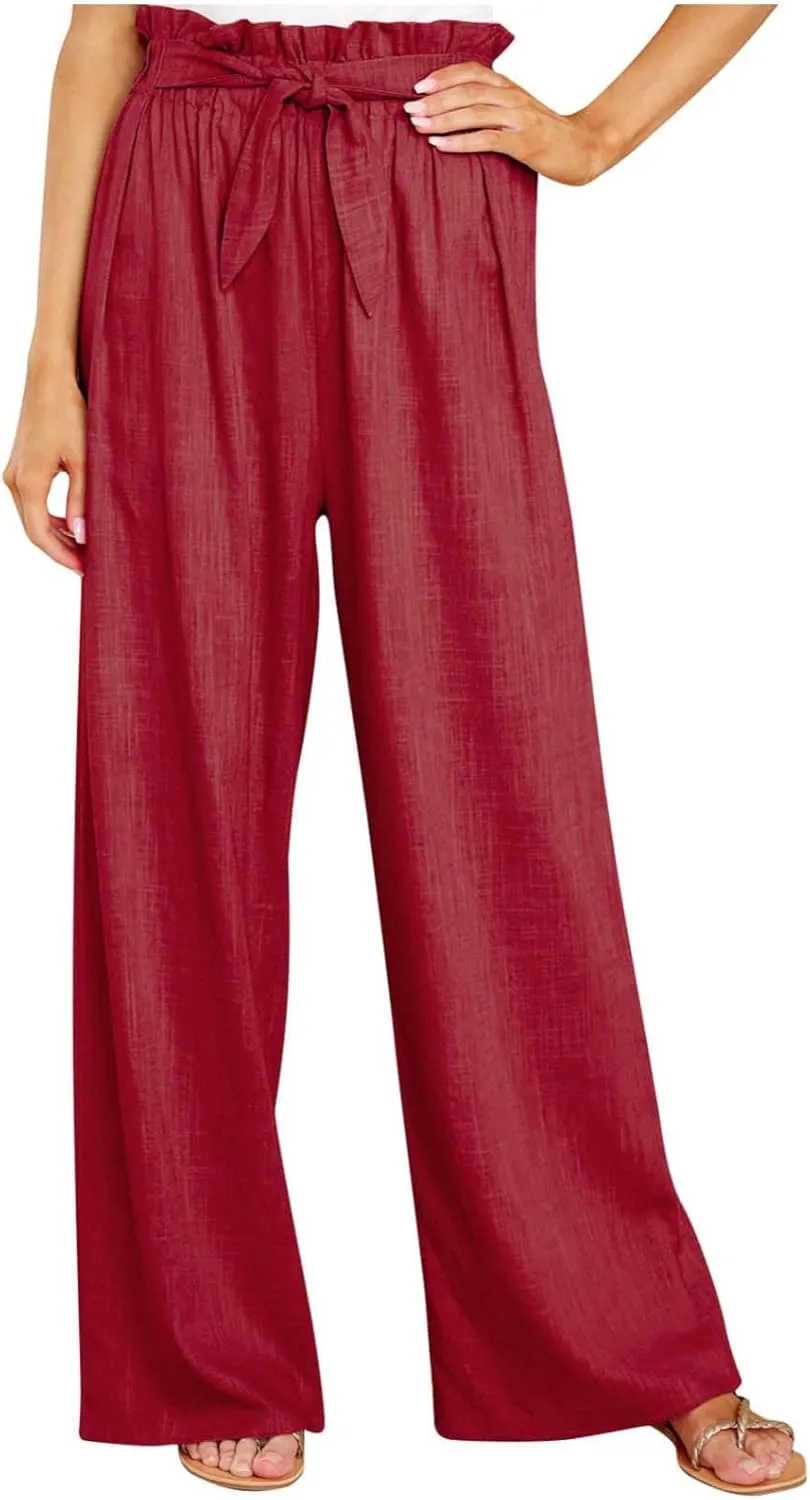 Baggy Flare Pants for Women Cotton Linen Palazzo Pants Drawstring High Waisted Yoga Pants Pockets Summer Comfort Color Pants