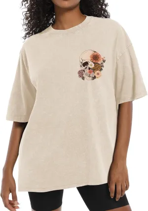 Bobeutou Oversized Vintage T Shirts for Women Skull Shirts Skeleton Gothic Graphic Acid Wash Tshirts Baggy Tee Crew Neck Tops