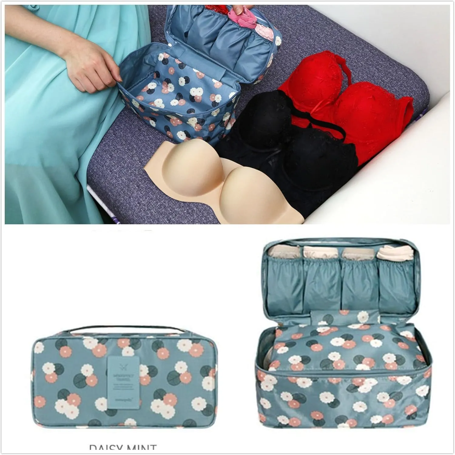 Bra Underwear Storage Bag Portable Multi-Functional Travel Organizers Pouch Case Packing Cube Cosmetic Bag,Blue Flowers