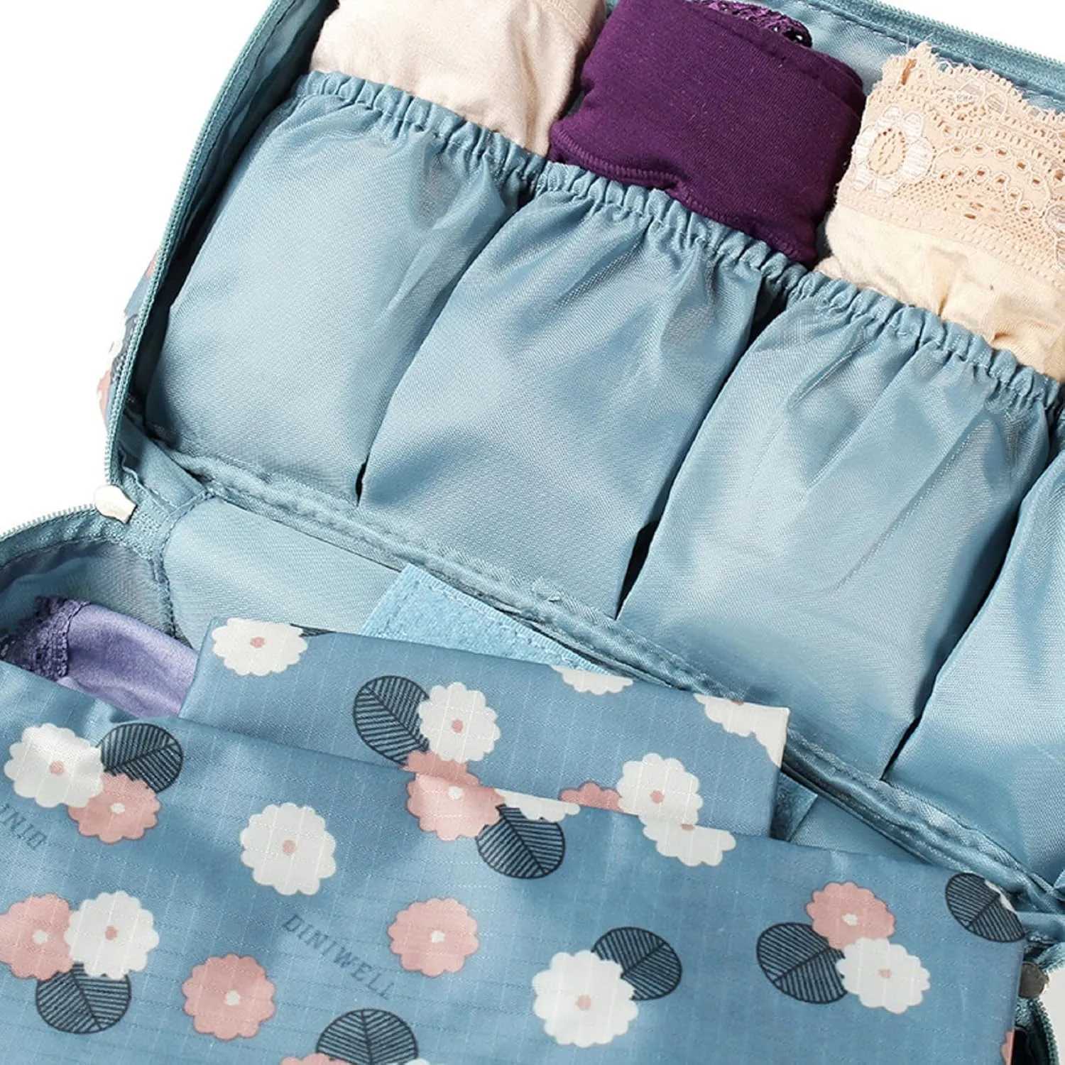 Bra Underwear Storage Bag Portable Multi-Functional Travel Organizers Pouch Case Packing Cube Cosmetic Bag,Blue Flowers