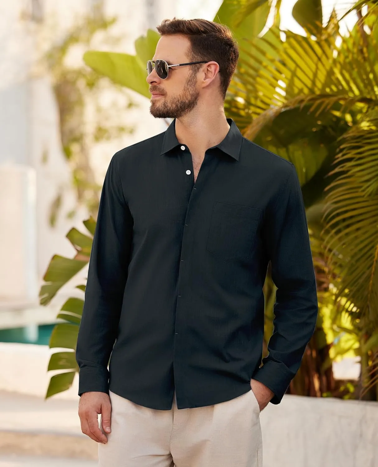 Button Down Linen Shirts for Men Casual Long Sleeve Shirts Cotton Linen Shirt with Pockets Speard Collar