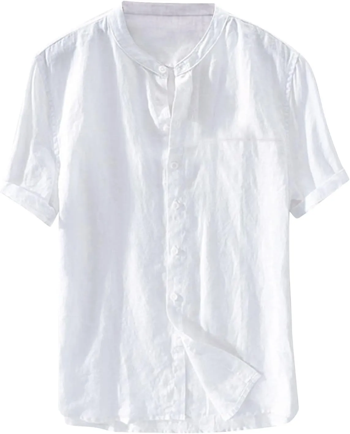 Button Down Shirts for Men Short Sleeve Linen T-Shirts Round Neck Casual Solid Blouse Loose Fit Summer Basic Tops