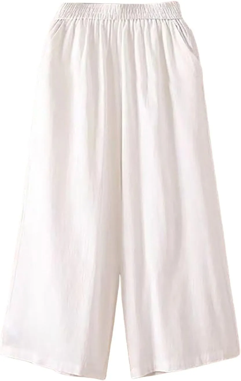 Capri Pants for Women Cotton Linen Summer Pants Wide Leg Pants Elastic Waist Pants Cropped Trouser with Pockets