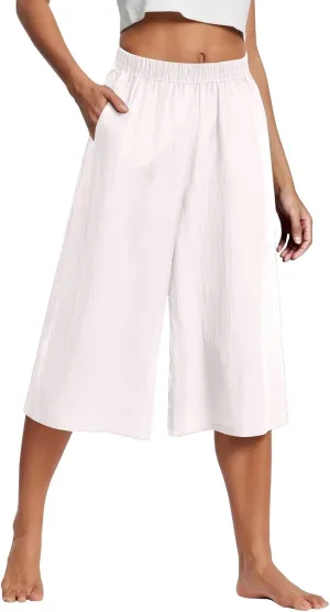 Capri Pants for Women Cotton Linen Summer Pants Wide Leg Pants Elastic Waist Pants Cropped Trouser with Pockets