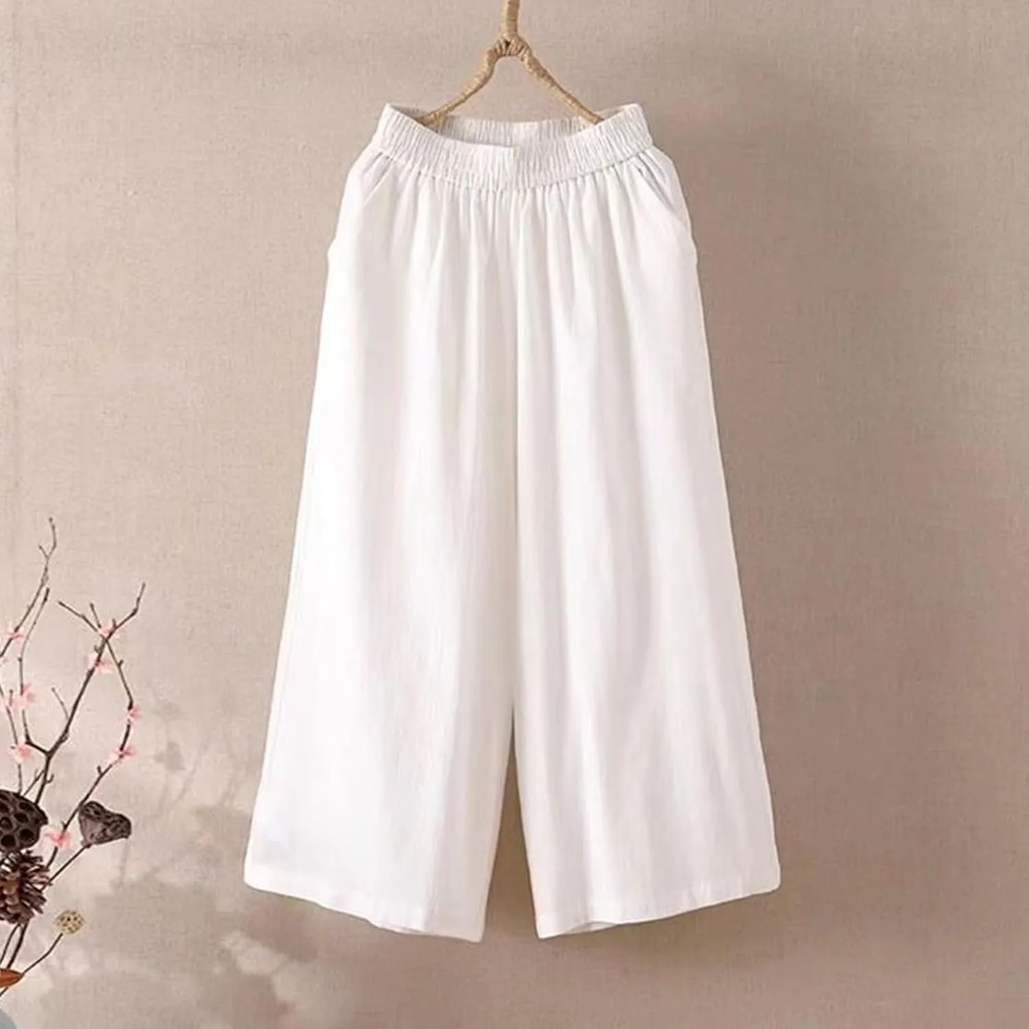 Capri Pants for Women Cotton Linen Summer Pants Wide Leg Pants Elastic Waist Pants Cropped Trouser with Pockets