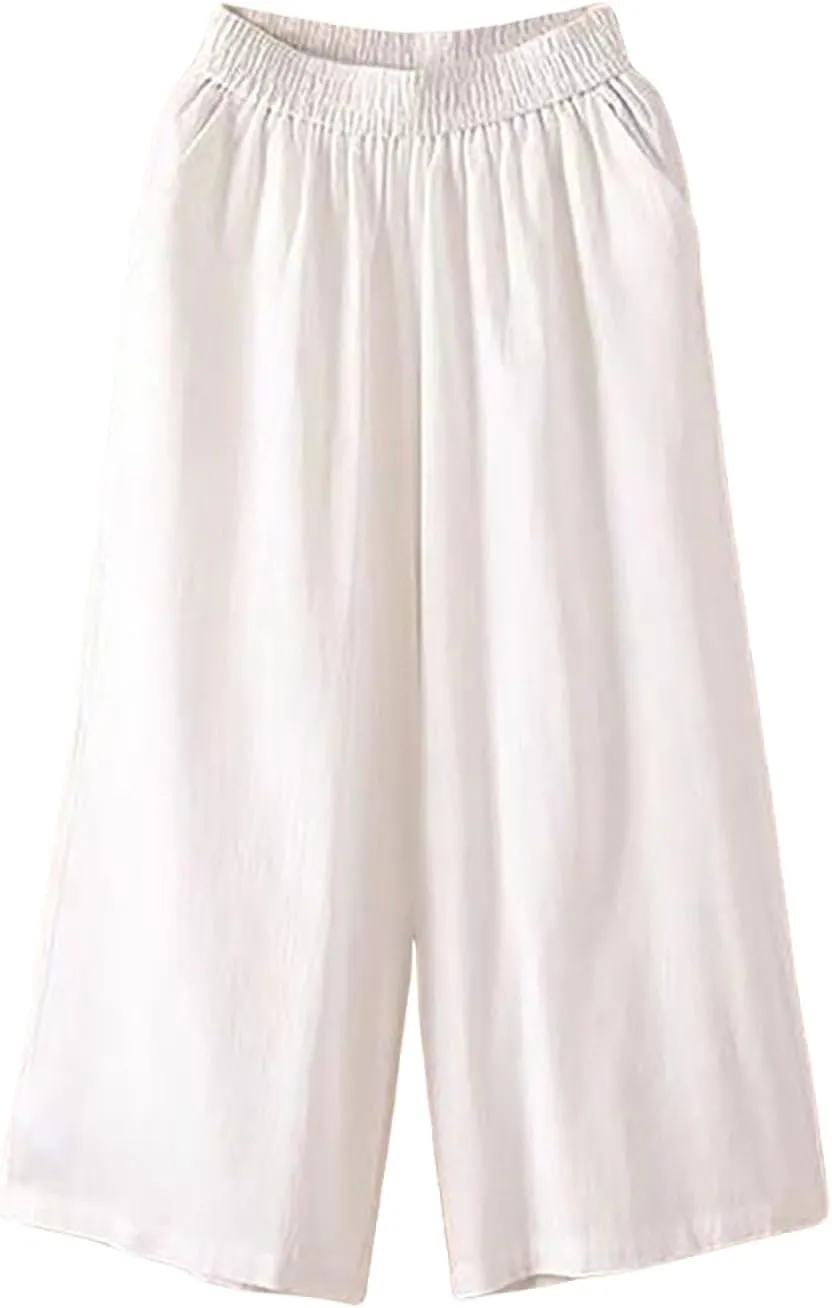 Capri Pants for Women Cotton Linen Summer Pants Wide Leg Pants Elastic Waist Pants Cropped Trouser with Pockets
