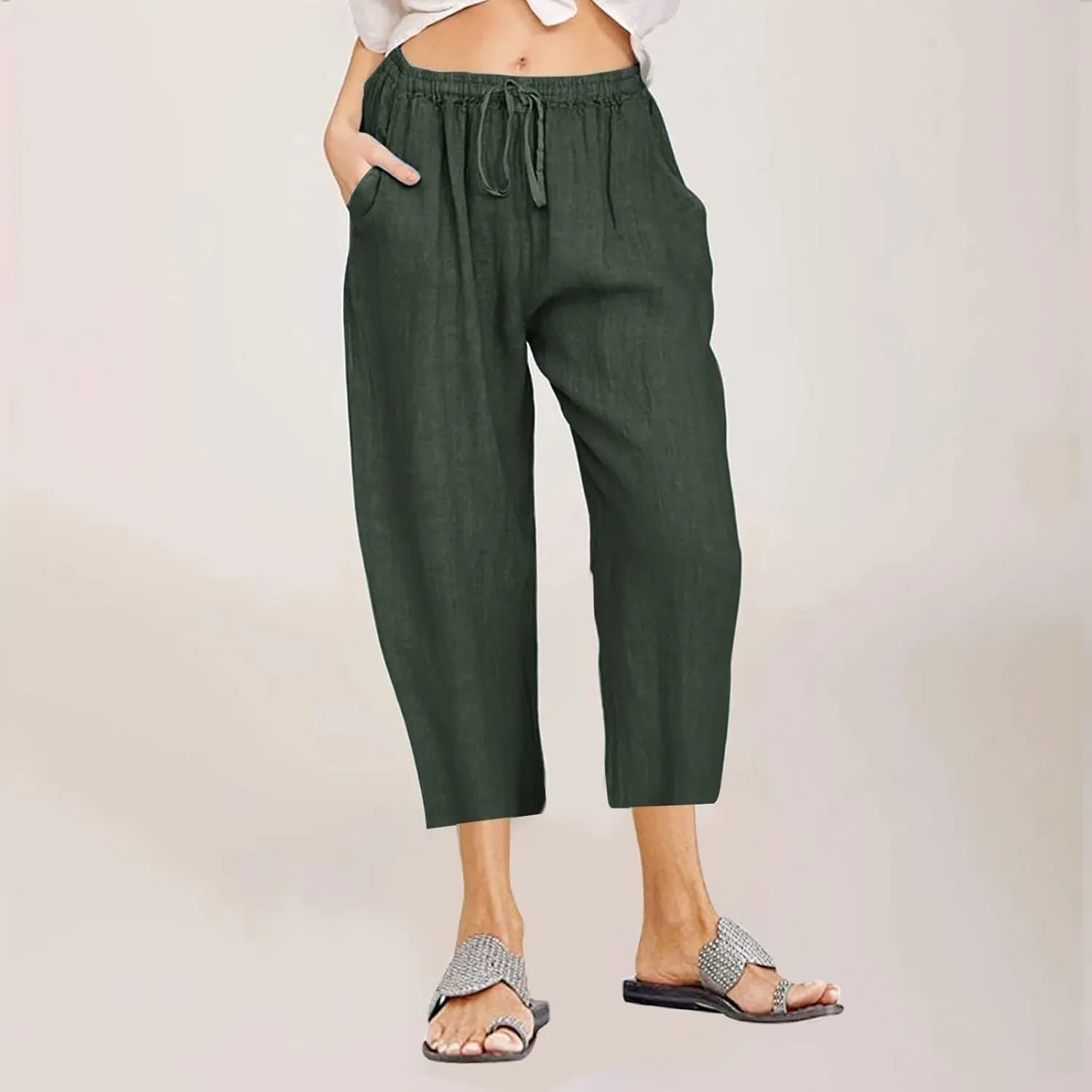 Capri Pants for Women Summer Cotton Linen Capris Drawstring Elastic High Waist Pants Wide Leg Cropped Trouser