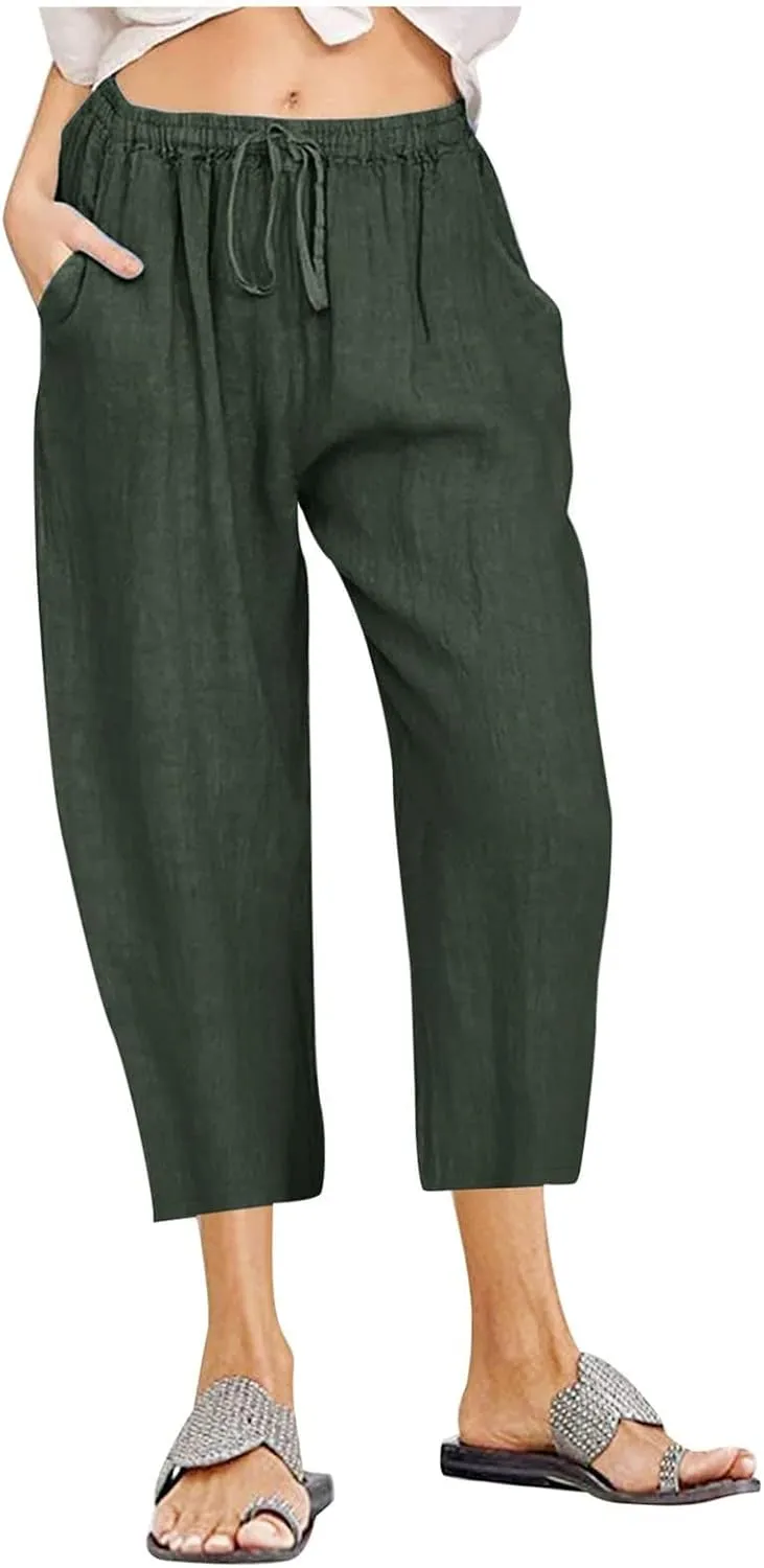 Capri Pants for Women Summer Cotton Linen Capris Drawstring Elastic High Waist Pants Wide Leg Cropped Trouser