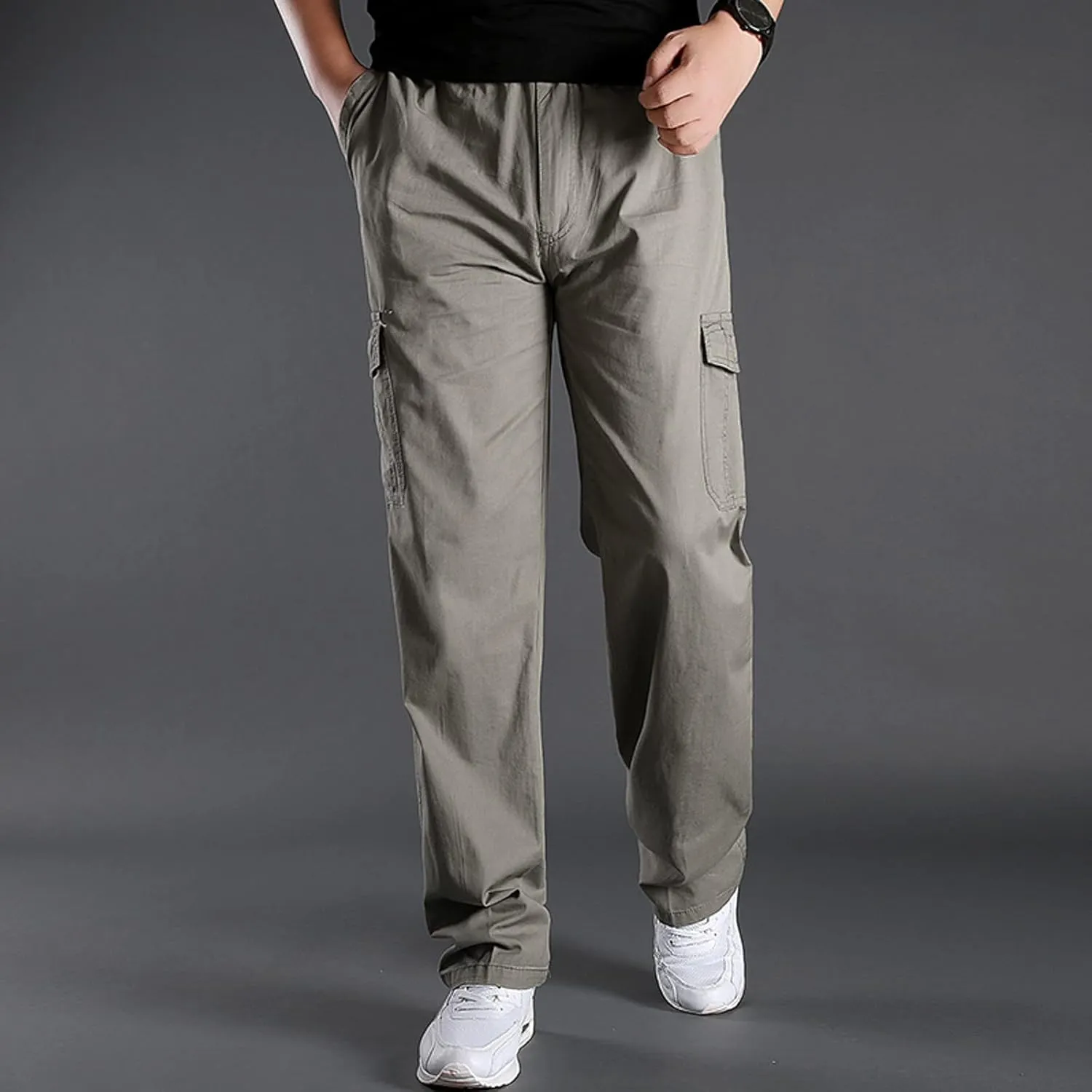 Cargo Pants for Men,Men's Cotton Linen Pants Elastic Lightweight Drawstring Waist Pants Fall Cargo Pants with Pockets