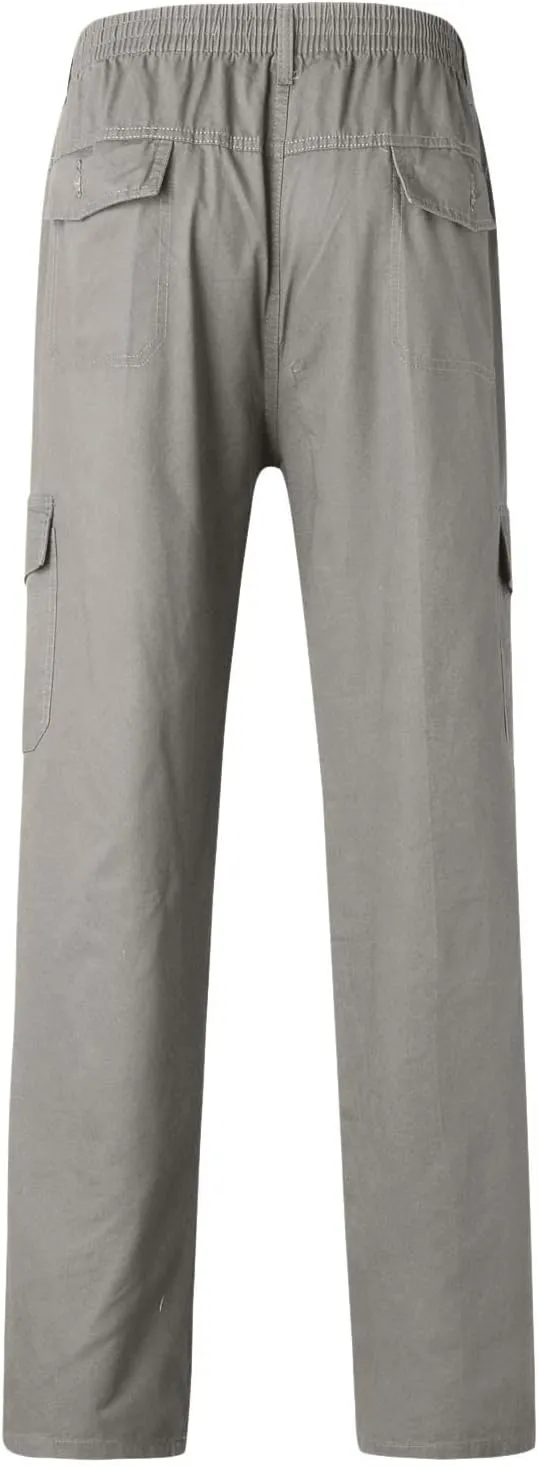 Cargo Pants for Men,Men's Cotton Linen Pants Elastic Lightweight Drawstring Waist Pants Fall Cargo Pants with Pockets