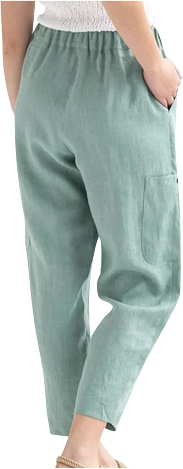 Casual Pants for Women Summer Lightweight Cotton Linen Pants Elastic High Waist Comfy Trousers with Pockets