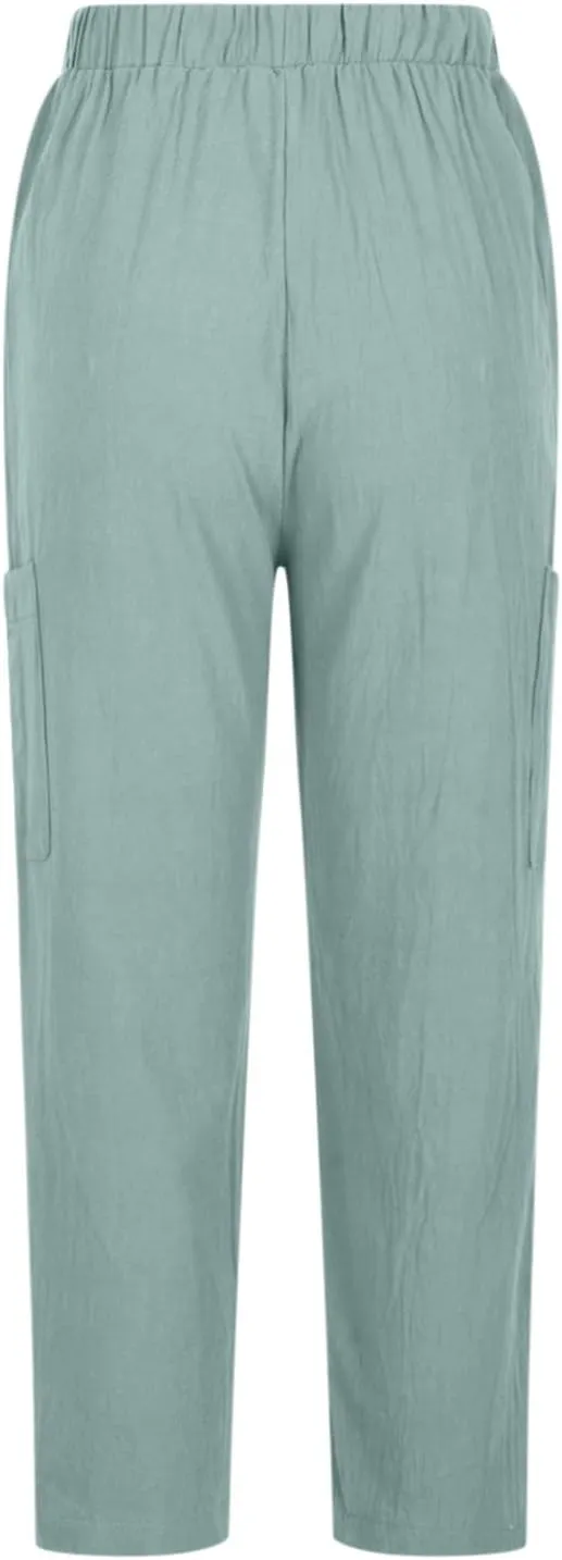 Casual Pants for Women Summer Lightweight Cotton Linen Pants Elastic High Waist Comfy Trousers with Pockets
