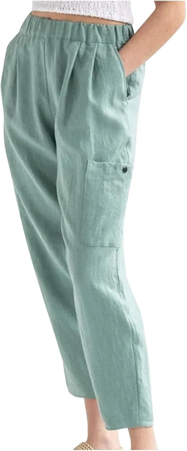 Casual Pants for Women Summer Lightweight Cotton Linen Pants Elastic High Waist Comfy Trousers with Pockets