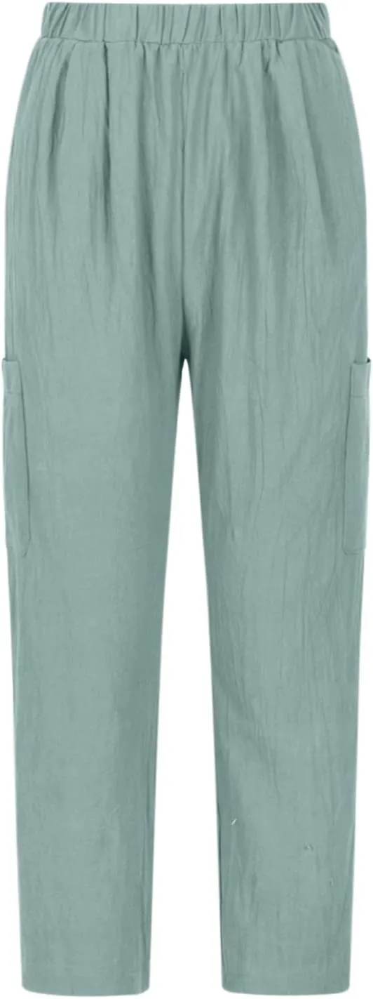 Casual Pants for Women Summer Lightweight Cotton Linen Pants Elastic High Waist Comfy Trousers with Pockets