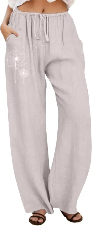 Casual Pants Women Summer Wide Leg Pants Drawstring Elastic Waist Pants High Waisted Lounge Pants Beach Trousers