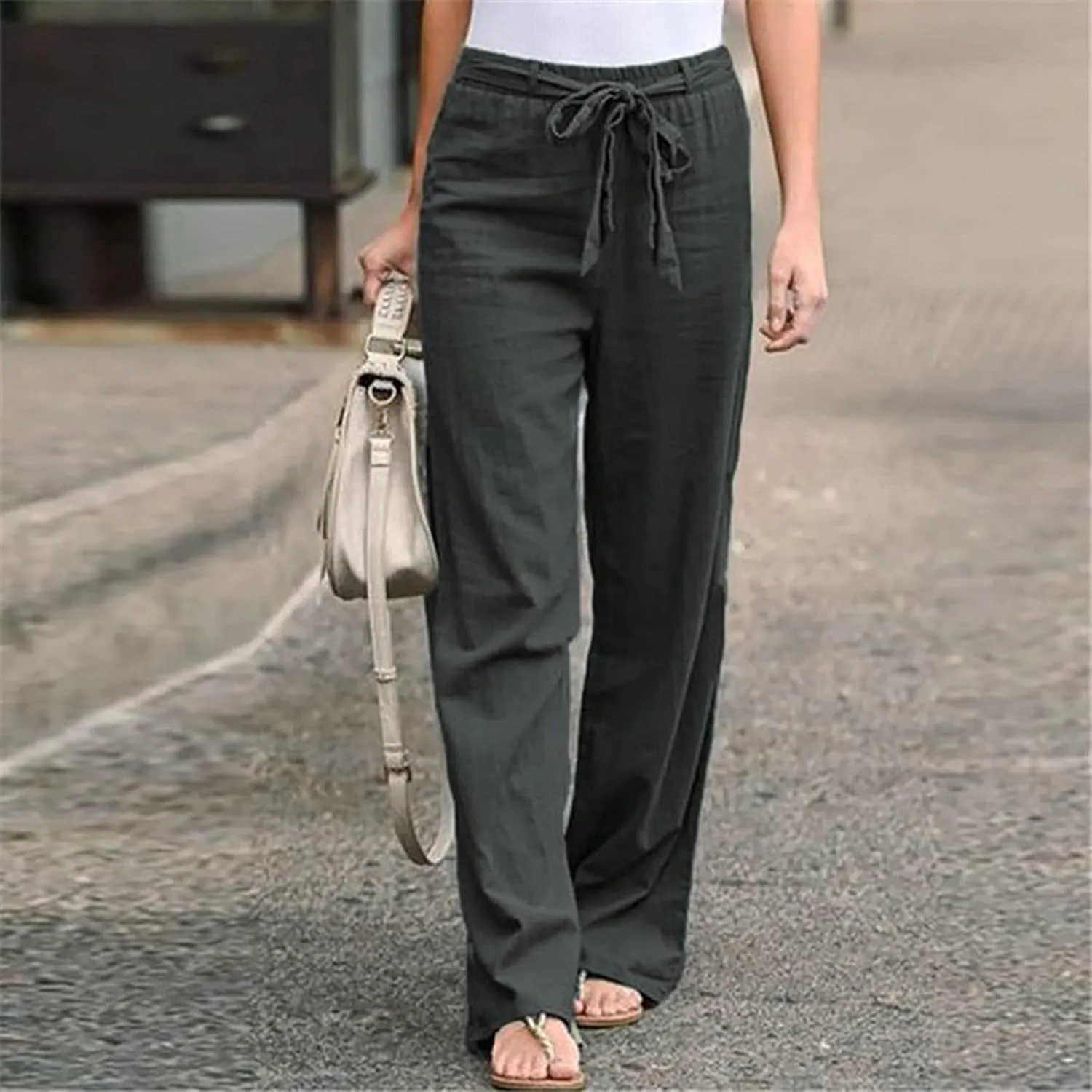 Ceboyel Women 2023 Linen Summer Beach Pants High Waist Flowy Pants Drawstring Travel Pants Loose Fitting Ladies Clothes