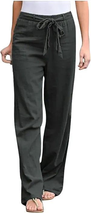 Ceboyel Women 2023 Linen Summer Beach Pants High Waist Flowy Pants Drawstring Travel Pants Loose Fitting Ladies Clothes