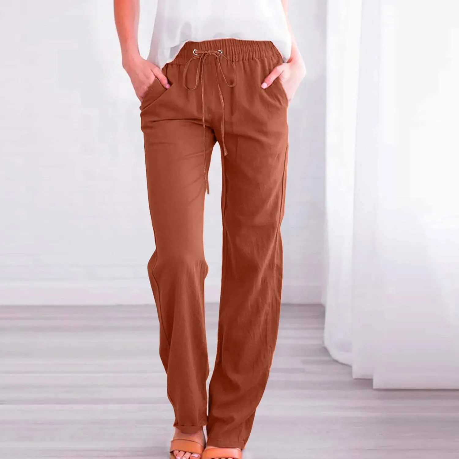 Ceboyel Women Linen Straight Pants Drawstring Summer Trousers Trendy Beach Travel Pant Loose Fitting Business Casual Clothing