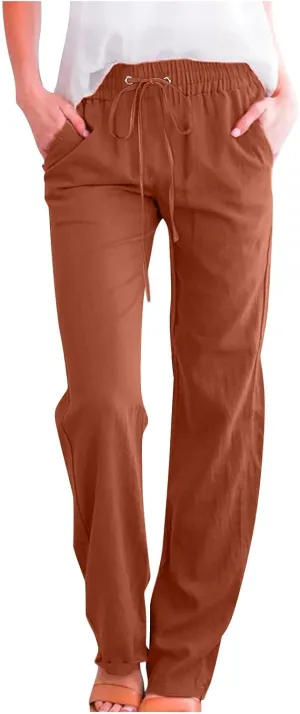 Ceboyel Women Linen Straight Pants Drawstring Summer Trousers Trendy Beach Travel Pant Loose Fitting Business Casual Clothing