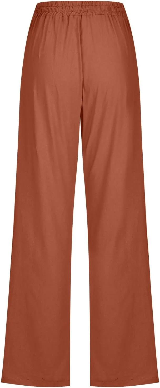 Ceboyel Women Linen Straight Pants Drawstring Summer Trousers Trendy Beach Travel Pant Loose Fitting Business Casual Clothing