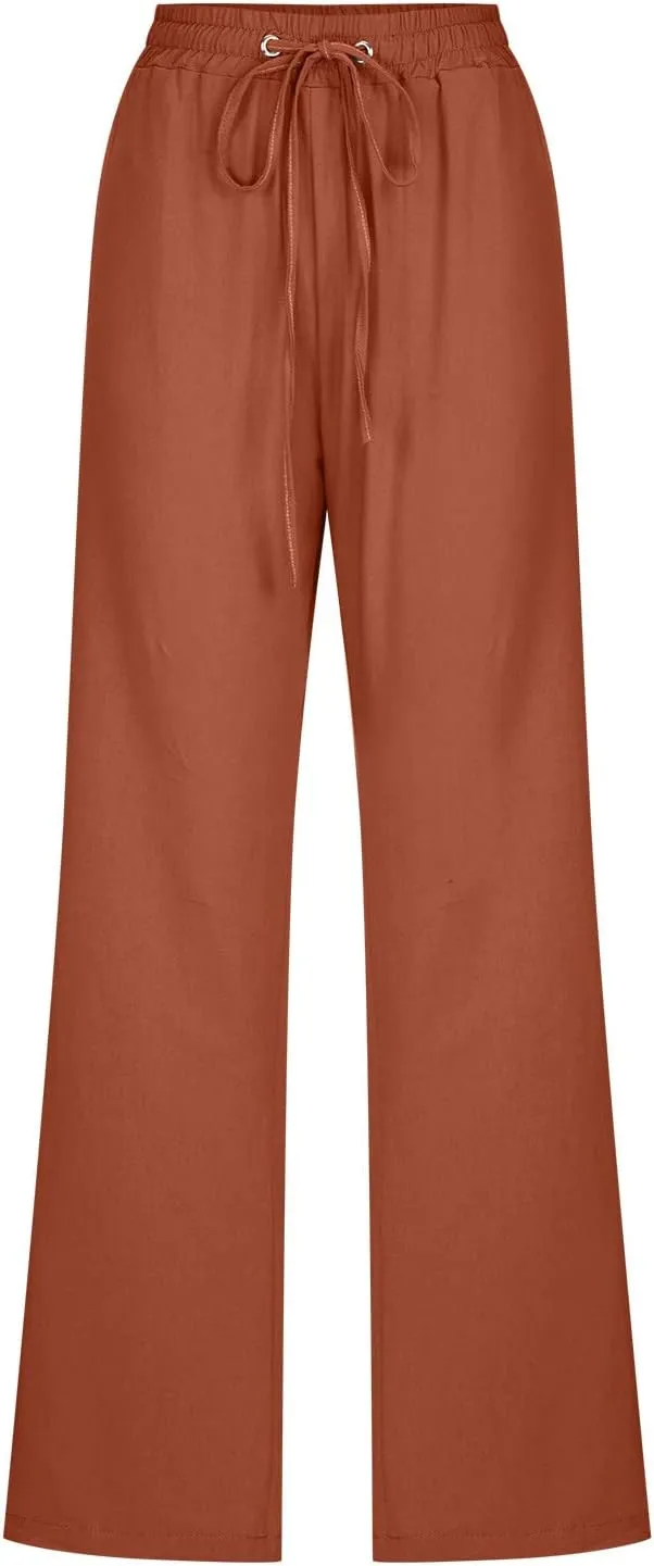 Ceboyel Women Linen Straight Pants Drawstring Summer Trousers Trendy Beach Travel Pant Loose Fitting Business Casual Clothing
