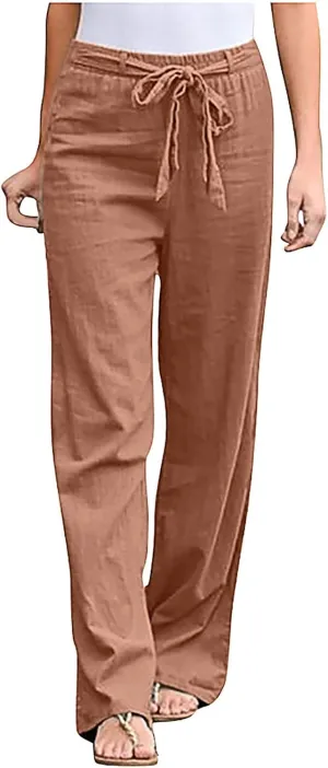 Ceboyel Womens Linen Casual Pants Summer Lounge Trousers Drawstring Straight Leg Pants Boho Beach Vacation Outfits 2023