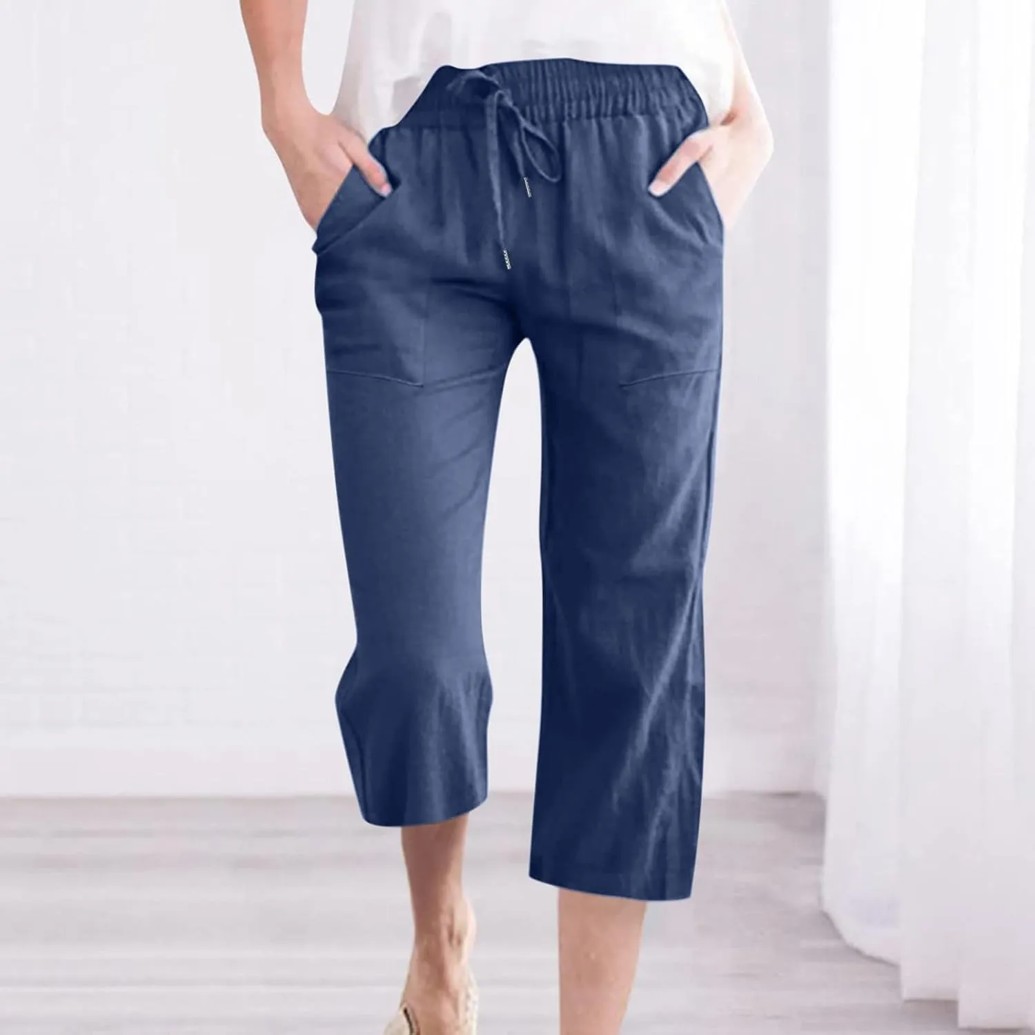 Ceboyel Womens Linen Crop Capris Drawstring Summer Pants Elastic Waist Trousers Casual Loose Summer Beach Outfits 2023