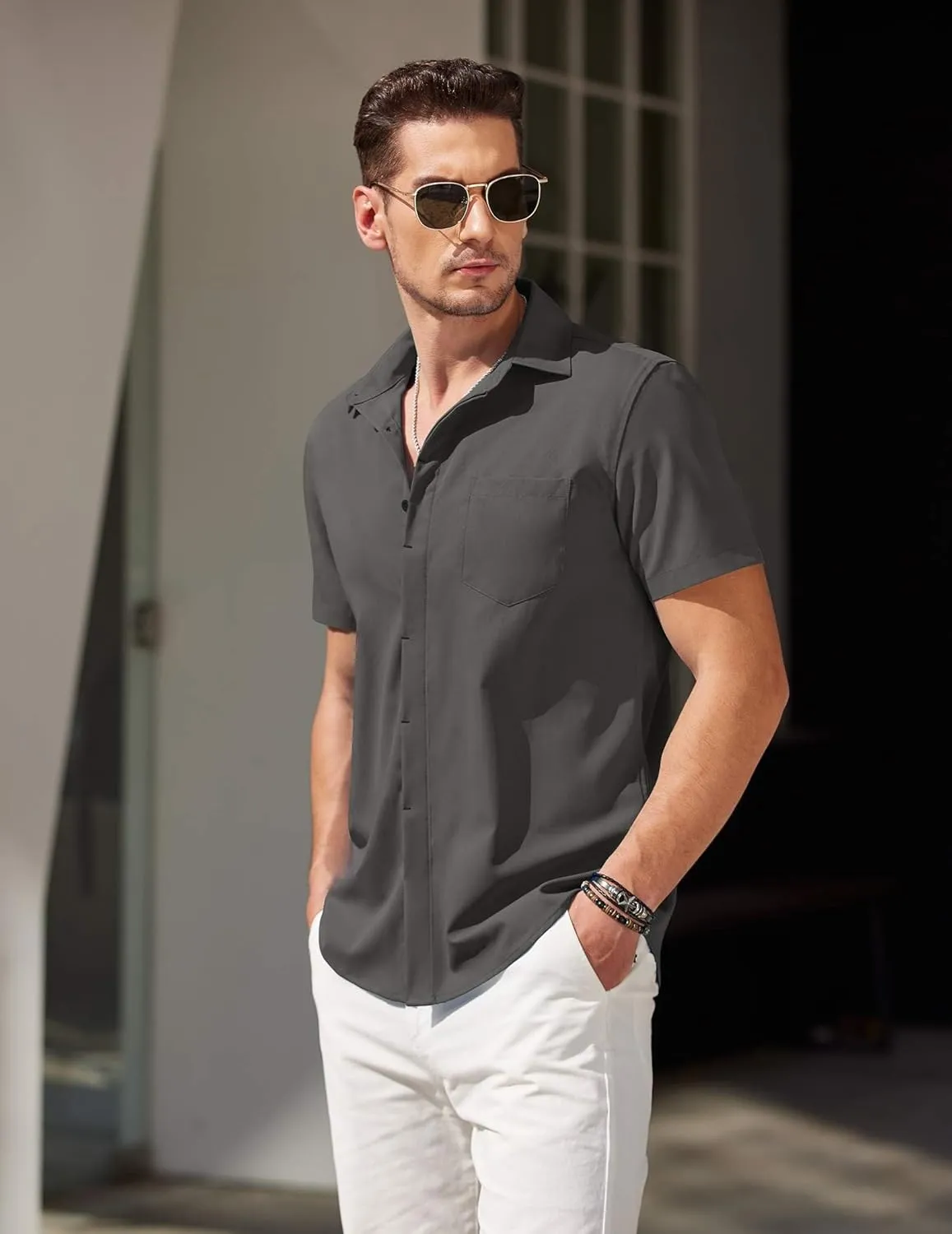 COOFANDY Mens Short Sleeve Button Down Shirt Casual Untucked Summer Shirt with Pocket