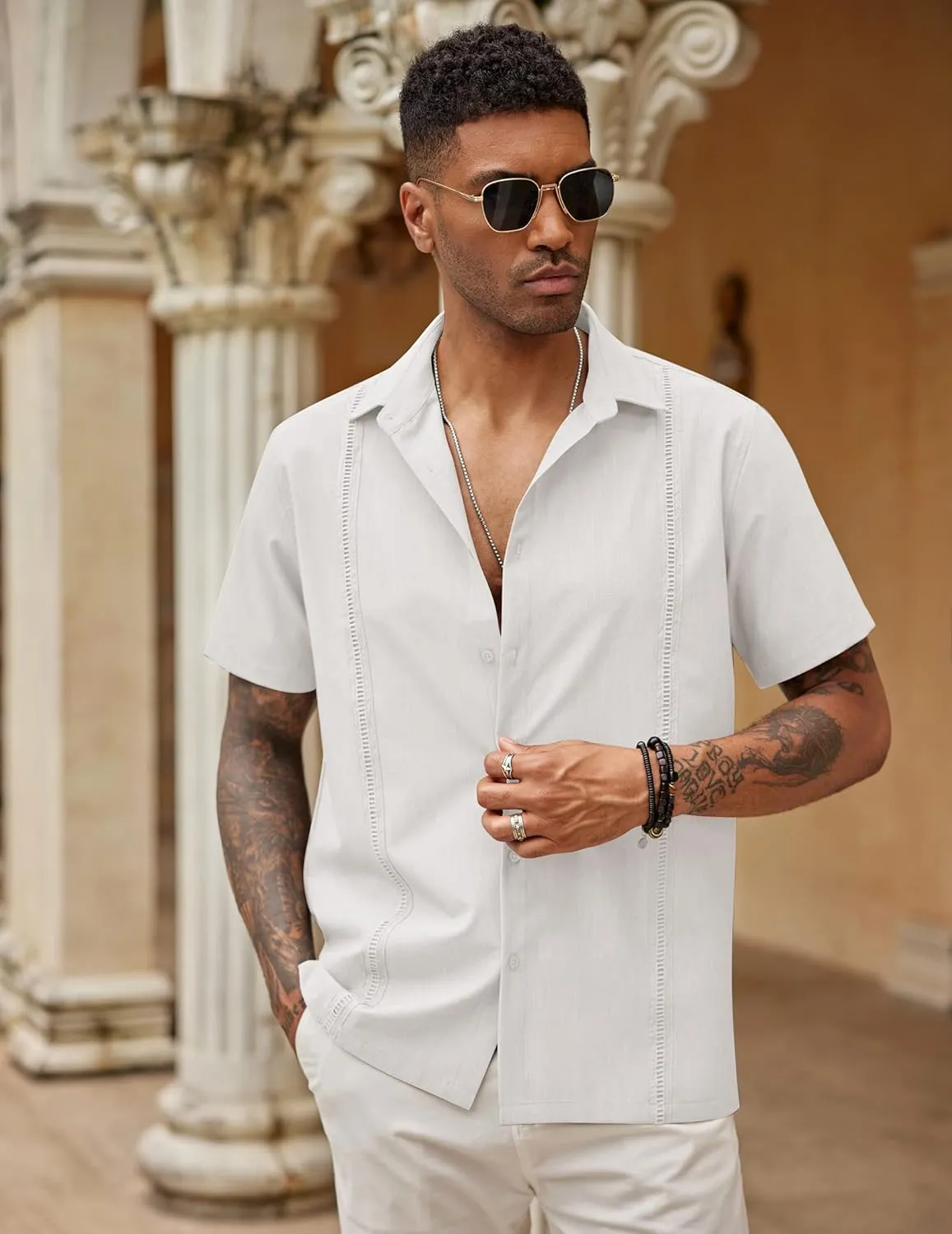 COOFANDY Mens Short Sleeve Cuban Guayabera Shirt Casual Summer Beach Button Down Shirts