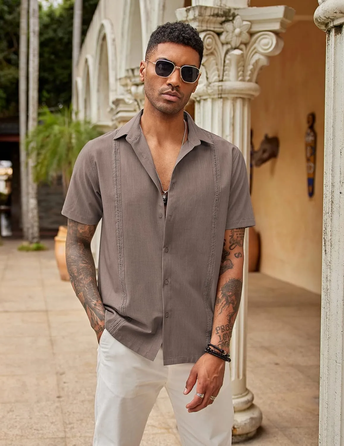 COOFANDY Mens Short Sleeve Cuban Guayabera Shirt Casual Summer Beach Button Down Shirts