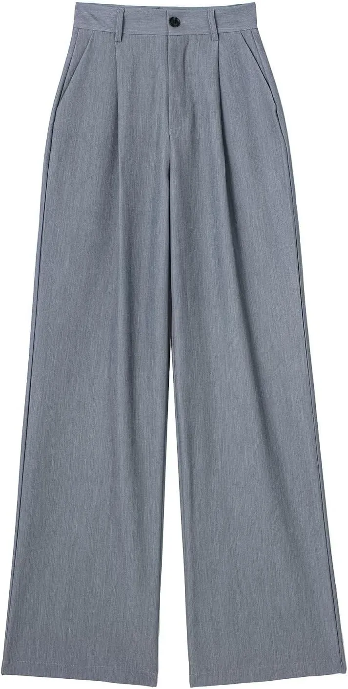CORIRESHA Women's Casual Wide Leg Suit Pant Pleated Button High Waist Trousers with Pockets