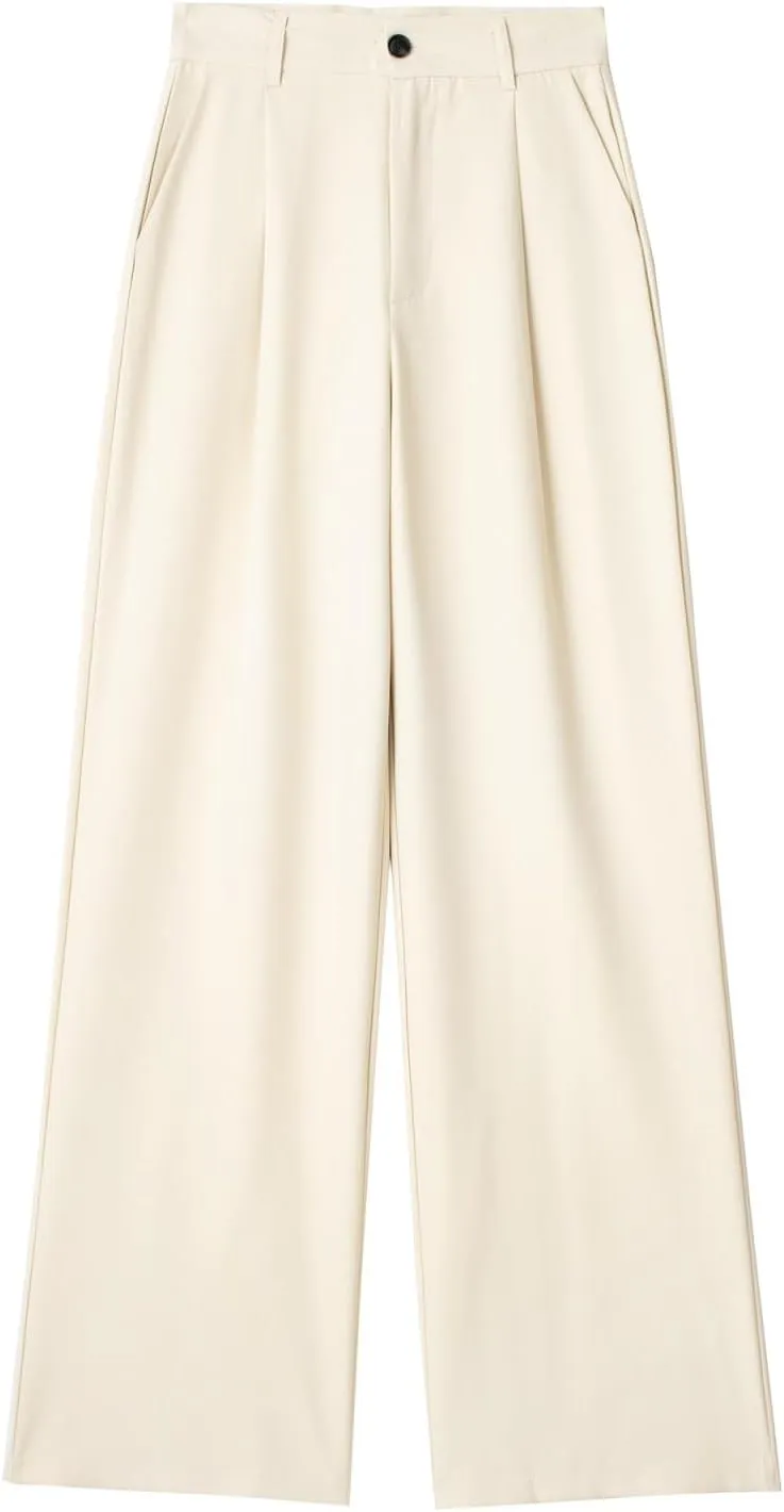 CORIRESHA Women's Casual Wide Leg Suit Pant Pleated Button High Waist Trousers with Pockets