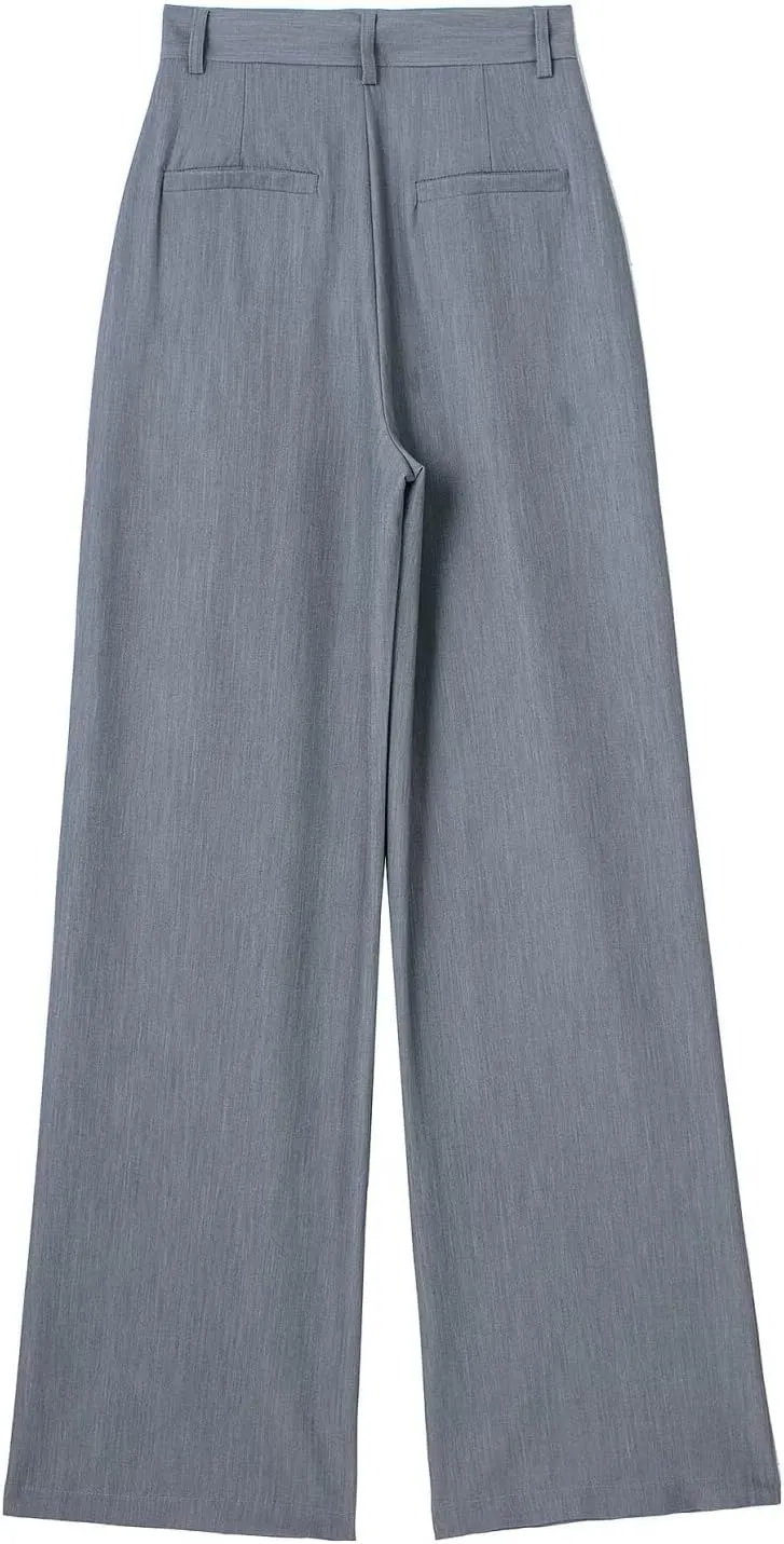 CORIRESHA Women's Casual Wide Leg Suit Pant Pleated Button High Waist Trousers with Pockets