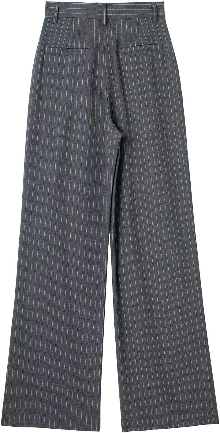 CORIRESHA Women's Casual Wide Leg Suit Pant Pleated Button High Waist Trousers with Pockets