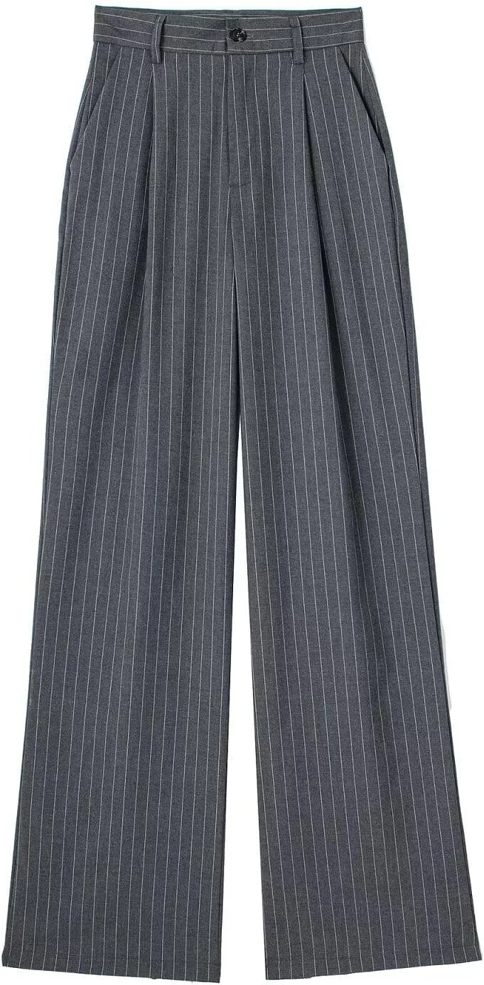 CORIRESHA Women's Casual Wide Leg Suit Pant Pleated Button High Waist Trousers with Pockets