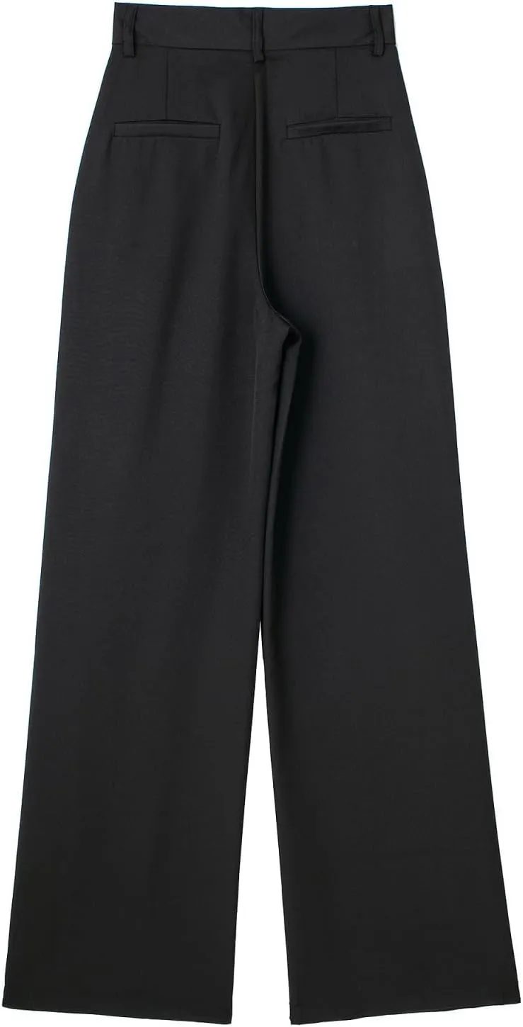 CORIRESHA Women's Casual Wide Leg Suit Pant Pleated Button High Waist Trousers with Pockets