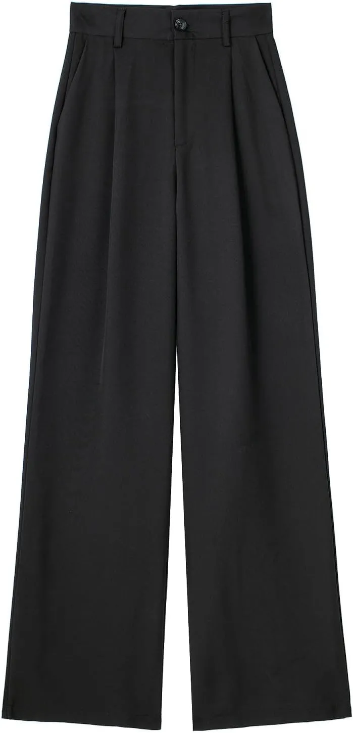 CORIRESHA Women's Casual Wide Leg Suit Pant Pleated Button High Waist Trousers with Pockets