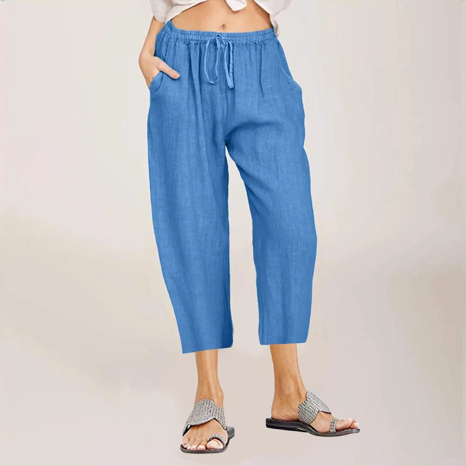 Cotton Linen Capri Pants for Women 2025 Summer Vacation Beach Trouser Drawstring High Waist Lounge Pants with Pockets