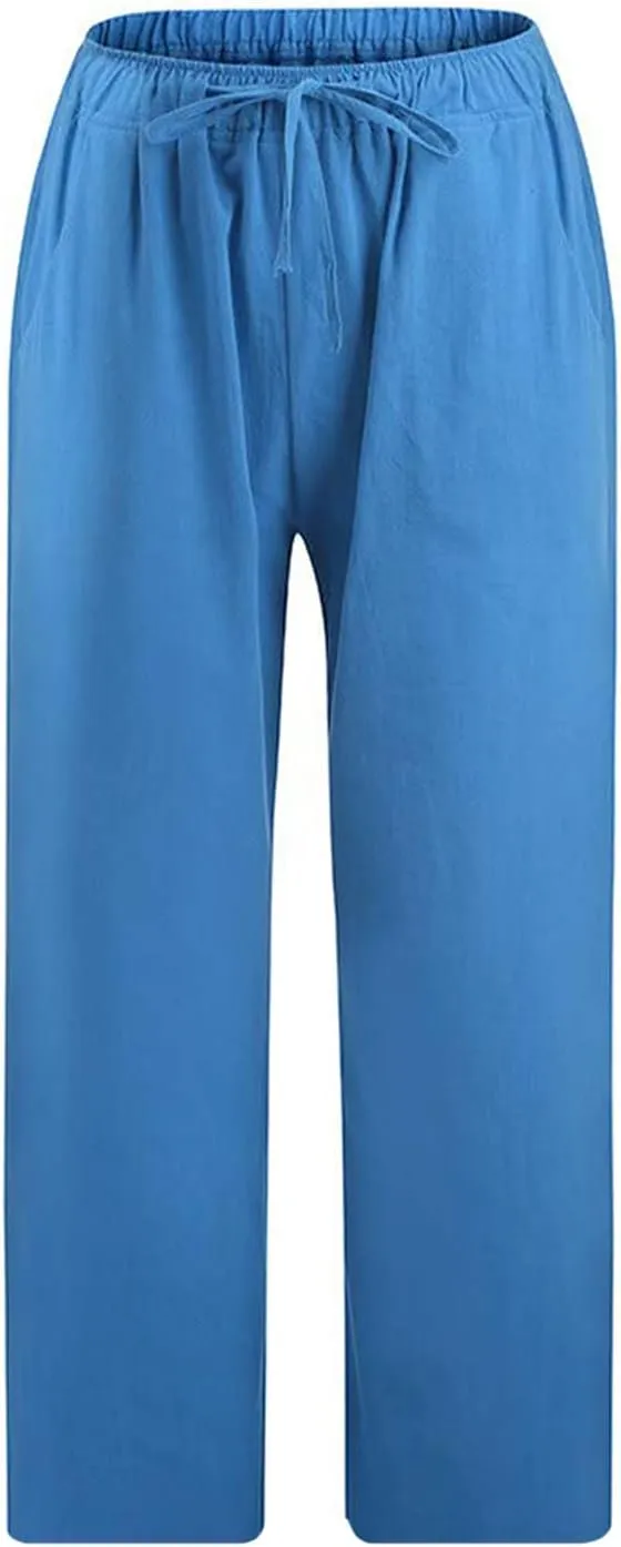 Cotton Linen Capri Pants for Women 2025 Summer Vacation Beach Trouser Drawstring High Waist Lounge Pants with Pockets