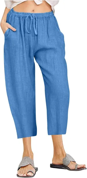 Cotton Linen Capri Pants for Women 2025 Summer Vacation Beach Trouser Drawstring High Waist Lounge Pants with Pockets