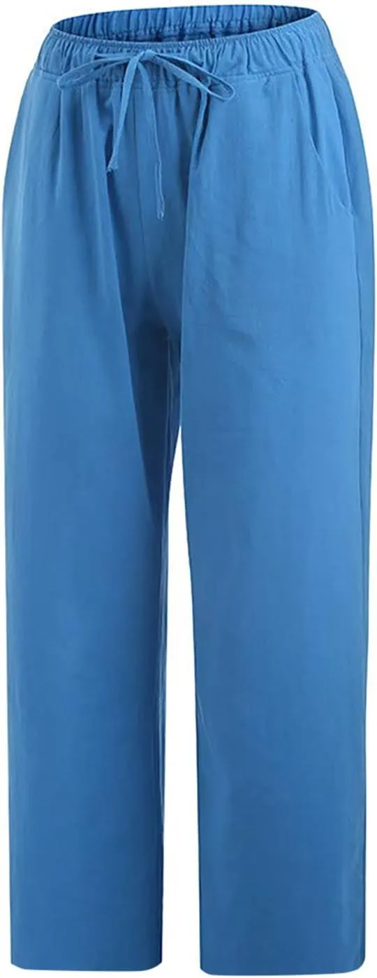 Cotton Linen Capri Pants for Women 2025 Summer Vacation Beach Trouser Drawstring High Waist Lounge Pants with Pockets